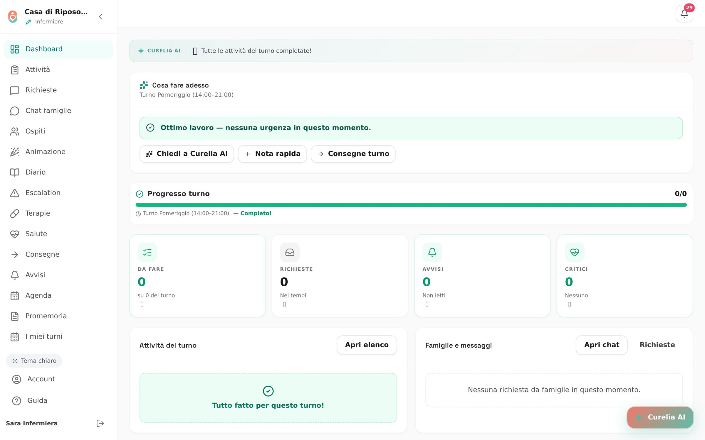 Dashboard operatore Curelia: cosa fare adesso, progresso del turno e attività